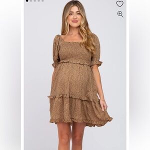PinkBlush Taupe Spotted Square Neck Smocked Ruffle Maternity Dress